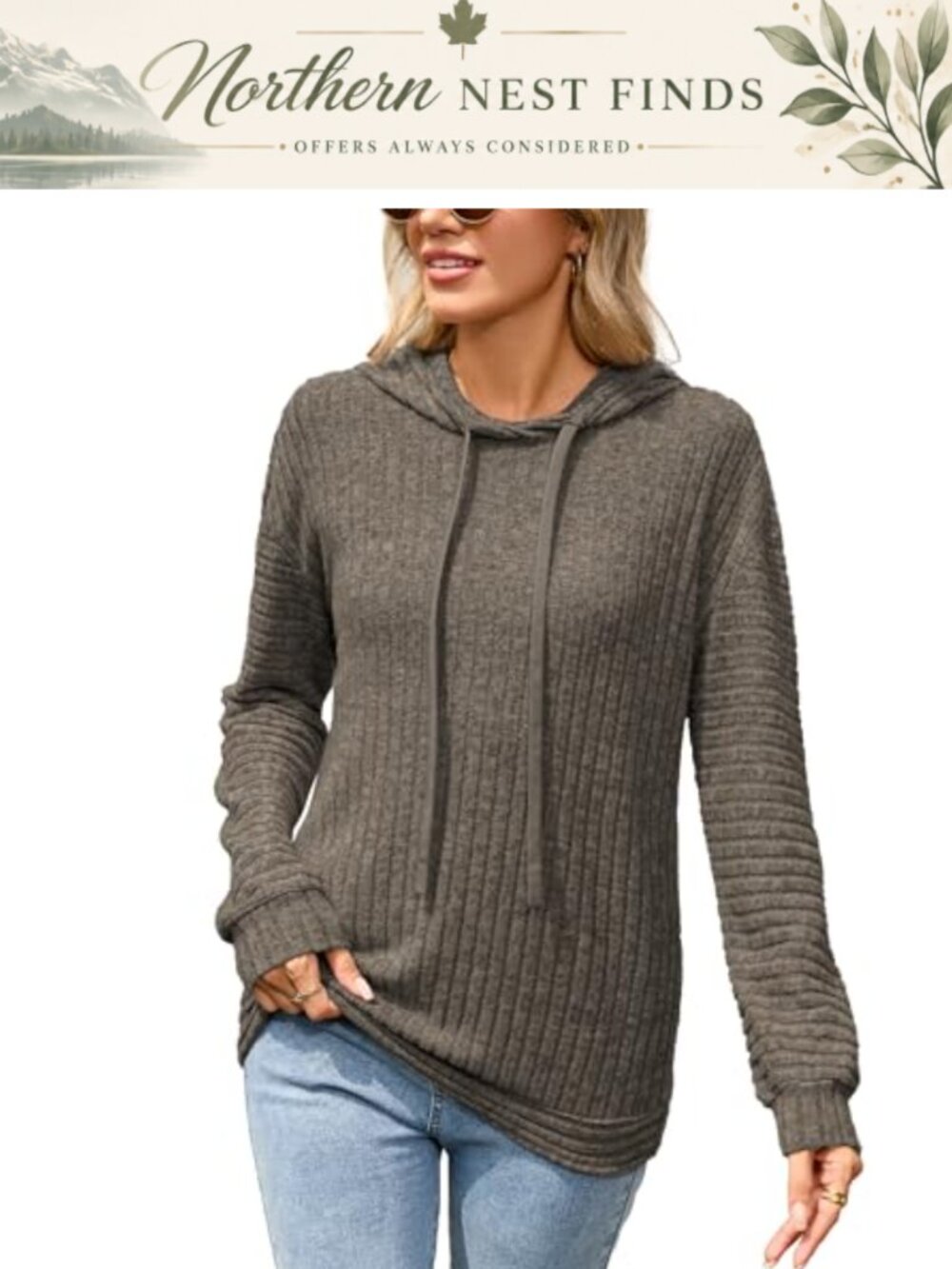 Women Ribbed Knit Hooded Sweater Soft Long Sleeve Pullover Casual Top